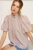 Gingham Check Print Puff Sleeve Top